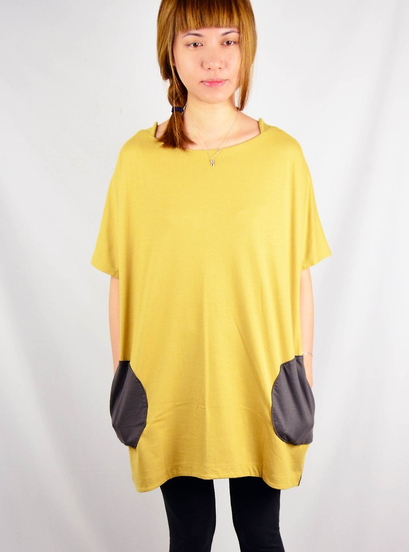 Organic cotton Long double coat pocket _ mustard yellow, deep iron gray _ fair trade - เสื้อยืดผู้หญิง - ผ้าฝ้าย/ผ้าลินิน สีเหลือง