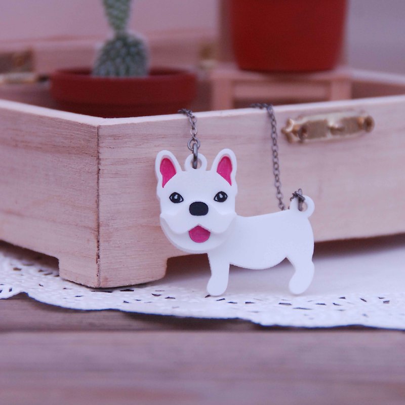 Born Comedian/French Bulldog/Top Heavy/Clavicle/Short Necklace/ Acrylic - Necklaces - Acrylic White