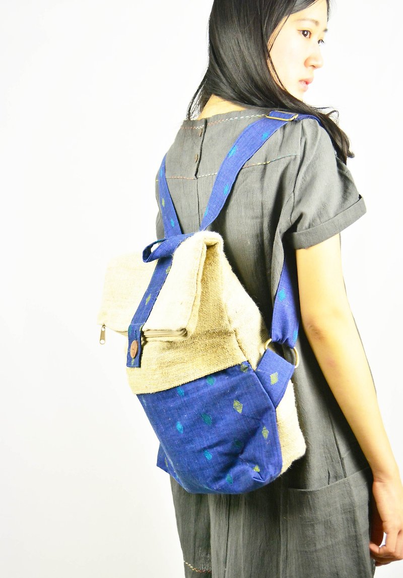 After the hand-woven backpack, blue, green _ _ Quilted fair trade - กระเป๋าเป้สะพายหลัง - ผ้าฝ้าย/ผ้าลินิน สีน้ำเงิน