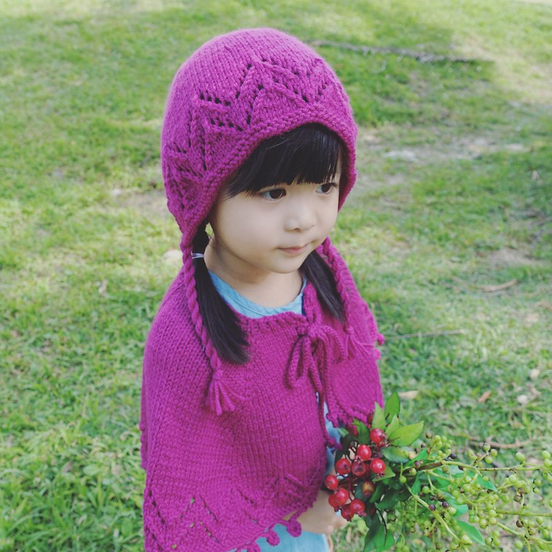 Anna's Poncho安娜小斗篷+遮耳帽組合-兒童尺寸/100%美麗諾羊毛/手工編織 - 其他 - 羊毛 粉紅色