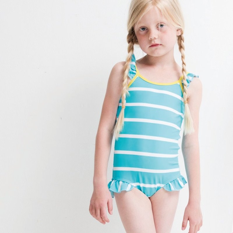北歐童裝瑞典女童泳衣3歲至4歲 綠松石/白 - 嬰兒/兒童泳衣 - 聚酯纖維 