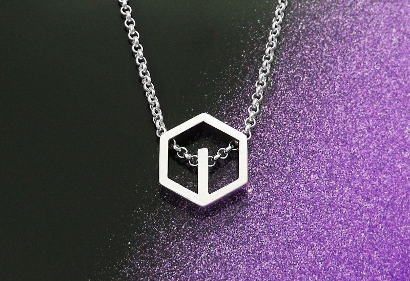 Silver Necklace - Geometric Hexagon Brand Silver Necklace - Large - 64DESIGN - สร้อยคอ - เงินแท้ สีเทา
