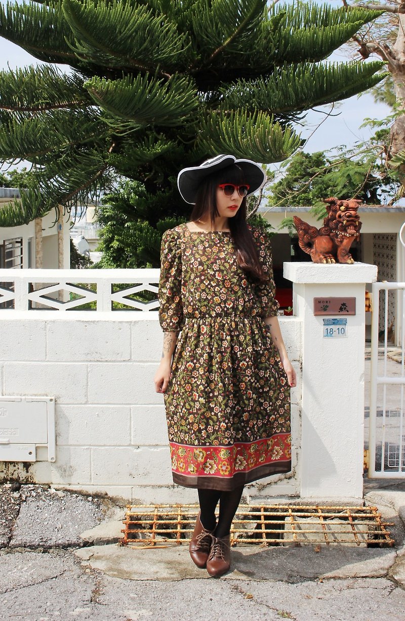 其他材質 洋裝/連身裙 咖啡色 - F709(Vintage)咖啡色精緻花紋短袖古著洋裝