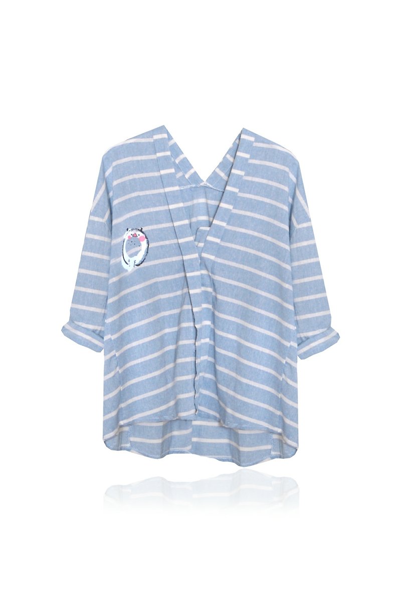 【幸福情人禮】溫柔貓頭鷹／水藍條紋上衣．last one - 女 T 恤 - 其他材質 藍色
