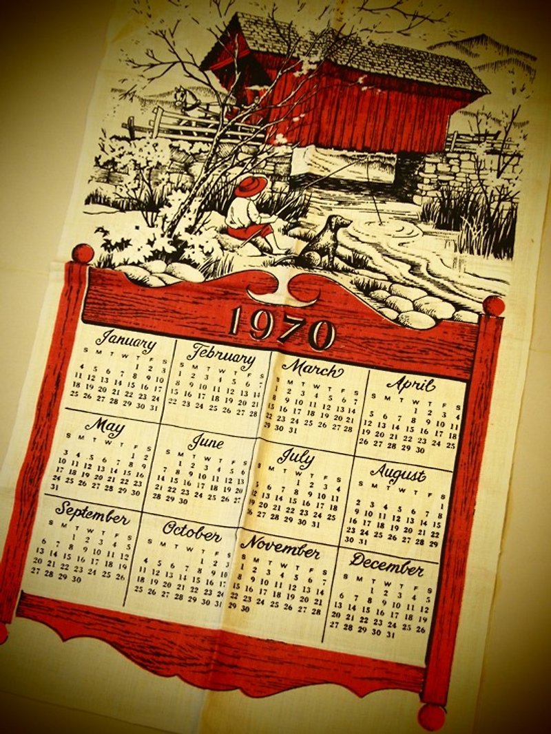 Early American River 1970 calendar on canvas - Other - Other Materials Red