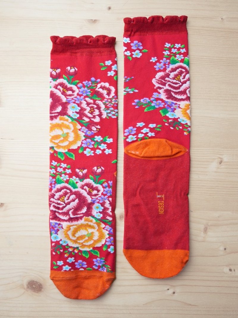 JHJ Design 加拿大品牌 高彩度針織棉襪 客家花布-針織襪(紅) - 襪子 - 其他材質 紅色