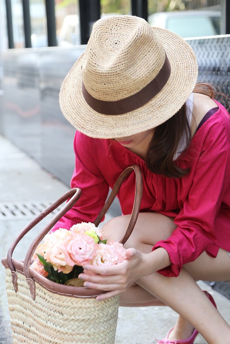 Fedora coffee ribbon section Rafi straw hat - หมวก - พืช/ดอกไม้ สีนำ้ตาล