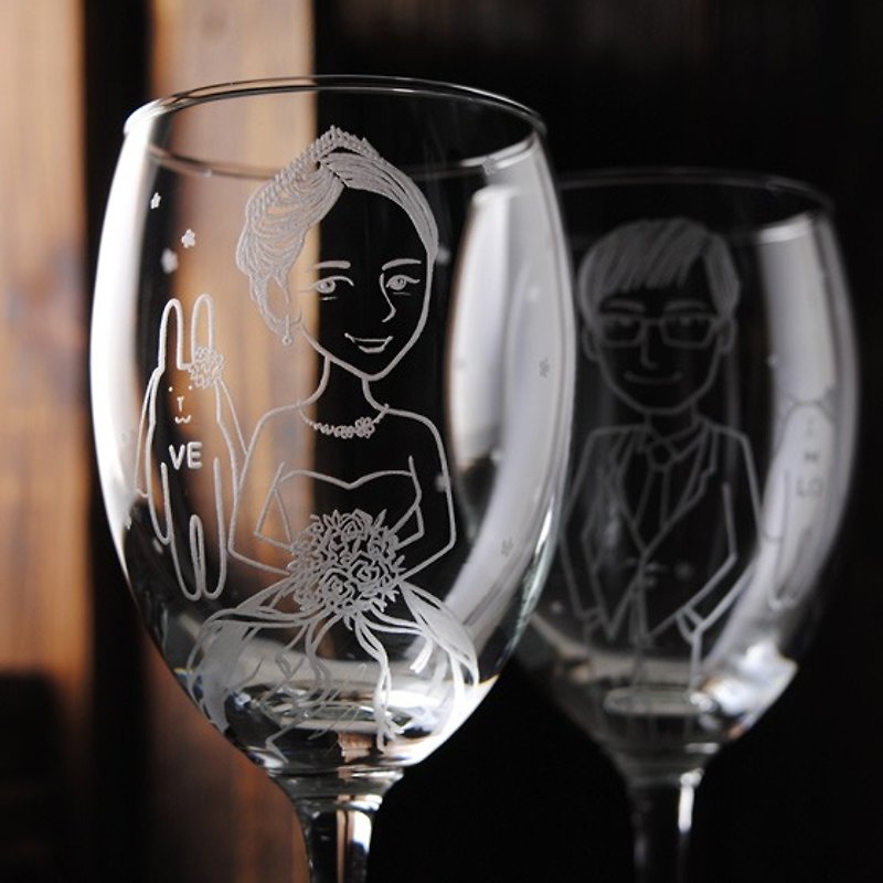 (One pair price) 350cc [MSA] Bunny Portrait of a cup (Comics Version) LOVE rabbit wedding bride and groom Portrait of red wine glass sculpture to commemorate Valentine's Day gift set of wine glasses engraved wedding gift customized - ภาพวาดบุคคล - แก้ว สีดำ