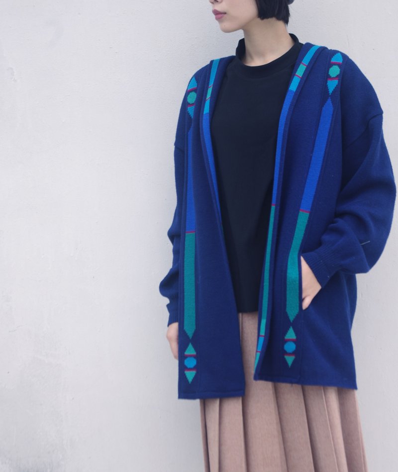 4.5studio- Nordic vintage - Swedish system KRISS brand Long tribal geometric style blue knitted jacket - Women's Casual & Functional Jackets - Other Materials Blue