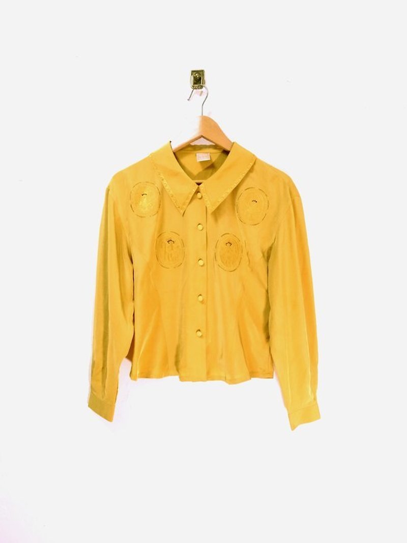 芥末黃 鳥兒圖騰 刺繡 鏤空 短版襯衫 古著 - เสื้อเชิ้ตผู้หญิง - วัสดุอื่นๆ สีเหลือง