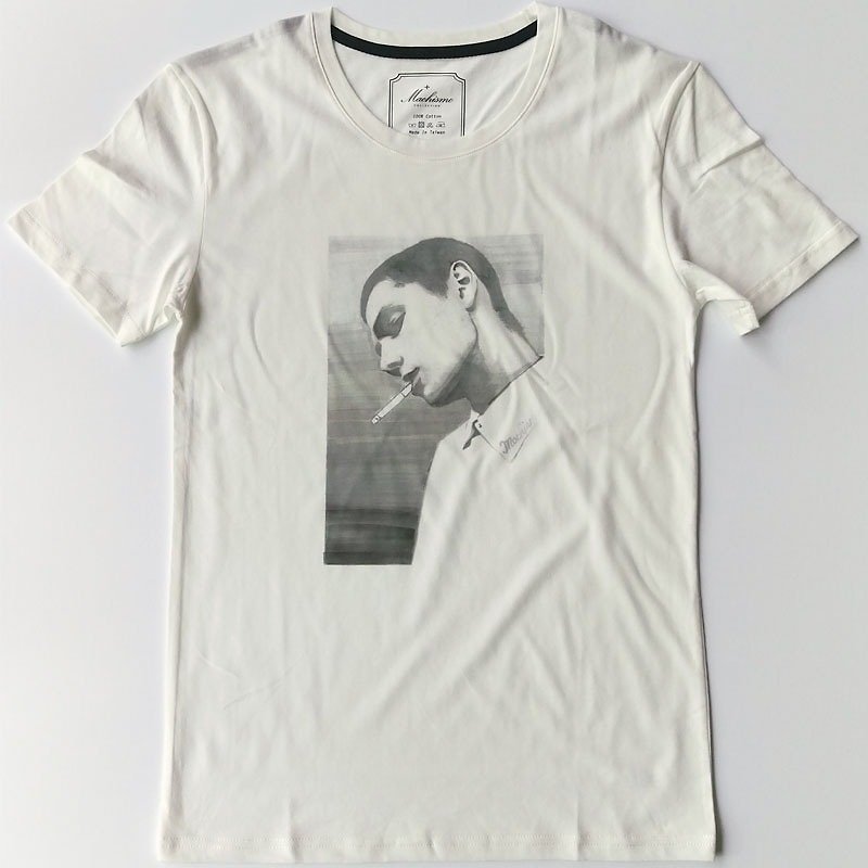 Smoking male - watercolor hand-painted wind white short-sleeved T-shirt - เสื้อยืดผู้ชาย - วัสดุอื่นๆ ขาว