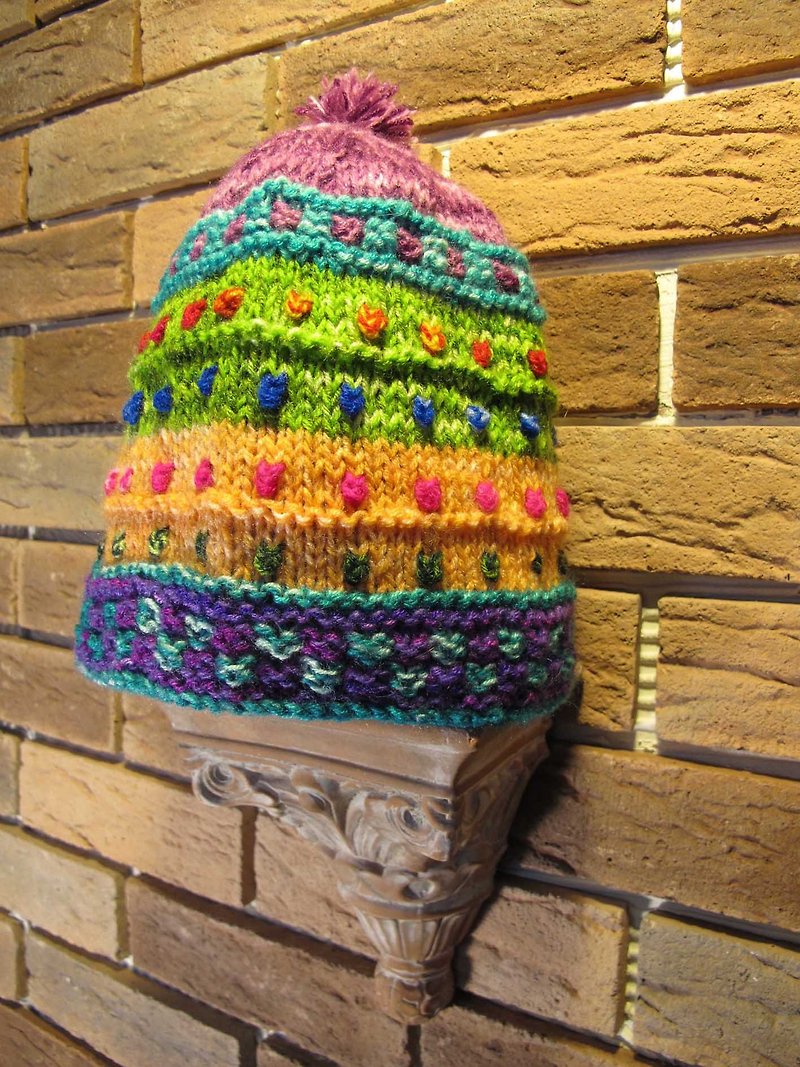 カラービーニー手編みウールハット・パープル - 帽子 - その他の素材 多色