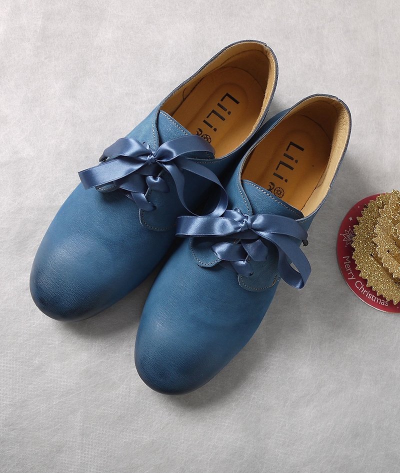 英倫公主緞帶蝴蝶結爵士鞋_午夜藍（僅剩22.5） - 女款休閒鞋 - 真皮 藍色