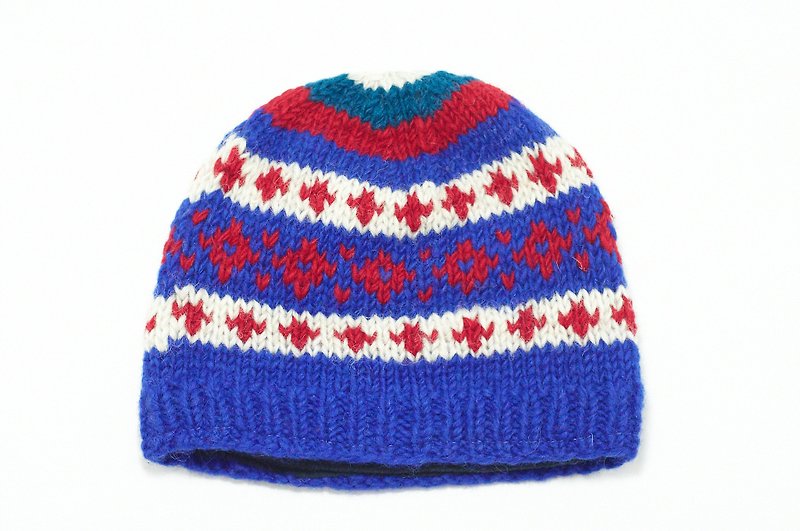 วัสดุอื่นๆ หมวก สีน้ำเงิน - Hand-woven pure wool hat / knit cap - Eastern European national totem contrasting colors (one only)