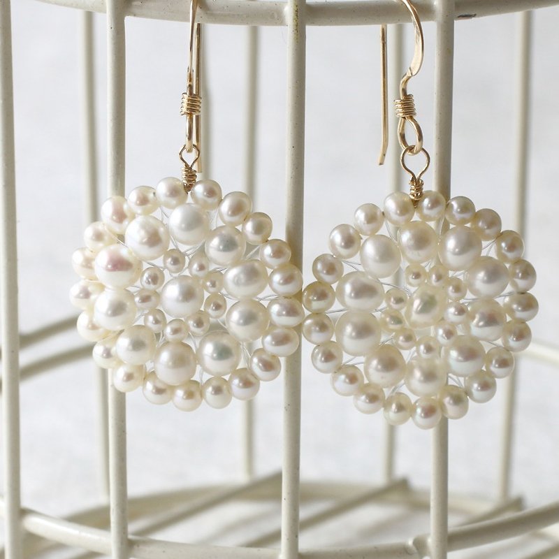 Earrings-Freshwater Pearl and 14KGF Romantic Earrings-LacePr01 - Earrings & Clip-ons - Other Metals White