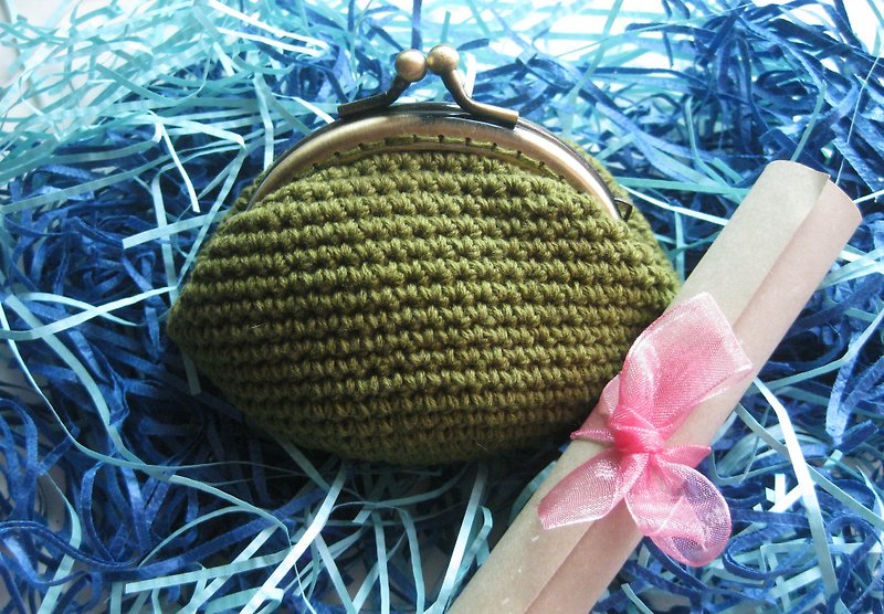 Minibobi手織-青銅巧巧口金包/零錢包-橄欖綠 - 零錢包/小錢包 - 棉．麻 綠色