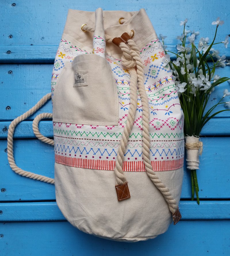 Special Stitch Nordic style prints, leather ingredients, rope backpack / shoulder bag / cotton canvas / handmade - กระเป๋าแมสเซนเจอร์ - วัสดุอื่นๆ ขาว