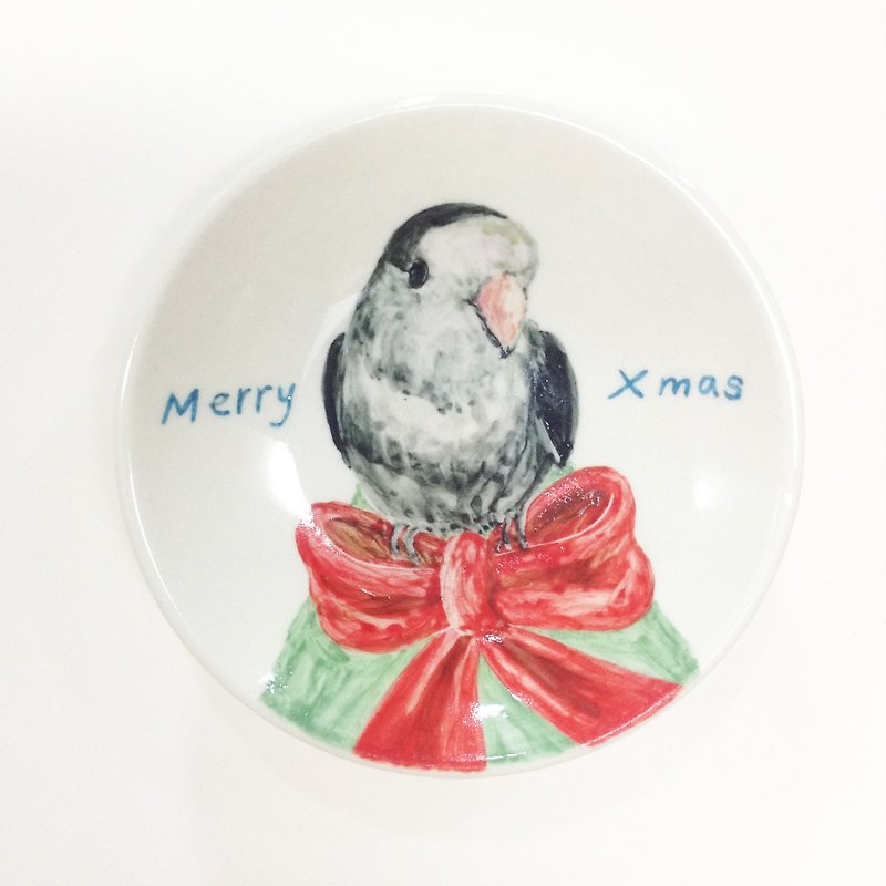 Ink and Bowknot-[Customized Name] Hand-painted Christmas Small Dish - จานเล็ก - เครื่องลายคราม สีแดง