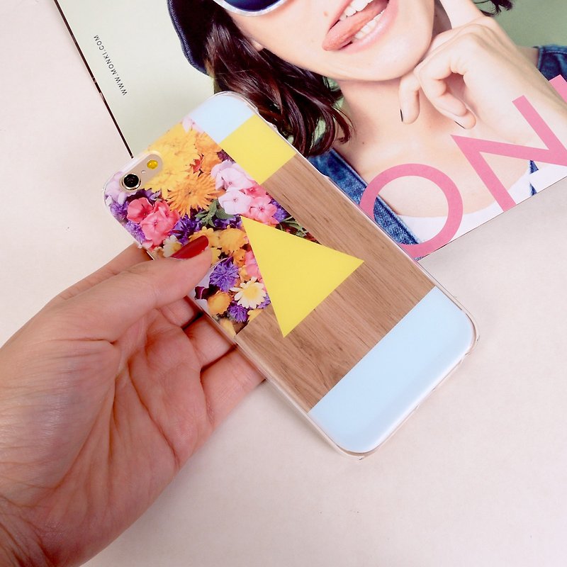 香港原創設計 粉藍色黃色三角形花卉木紋圖案 iPhone X,  iPhone 8,  iPhone 8 Plus,  iPhone 7, iPhone 7 Plus, iphone 6/6S , iphone 6/6S PLUS, Samsung Galaxy Note 7 透明手機殼 - 其他 - 塑膠 