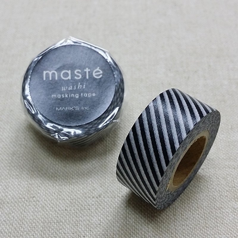 日本 maste 和紙膠帶 Basic 限定系列【斜條紋/黑 (MST-MKT42-BK)】 - マスキングテープ - 紙 ブラック