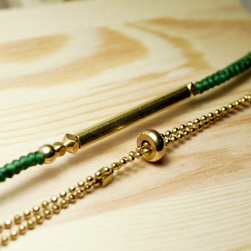 Bronze simple square tube beads. Mix series. Wax rope / Bronze Bracelet - Bracelets - Other Metals Green