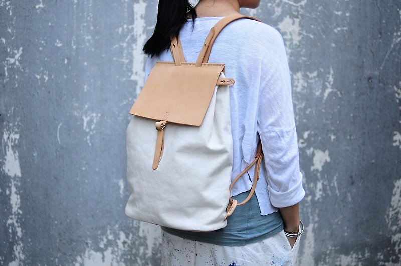 Handmade Leather And Canvas Backpack - Messenger Bags & Sling Bags - Other Materials 