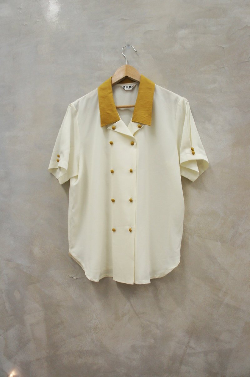 PdB vintage yellow mustard mixed with cotton tip collar bag buckle ivory chiffon shirt - Women's Shirts - Other Materials Khaki