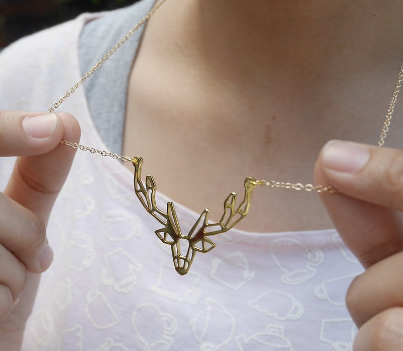 Deer Necklace Geometric Animal jewelry gift for her Gold Platd Pendant - Necklaces - Copper & Brass Gold