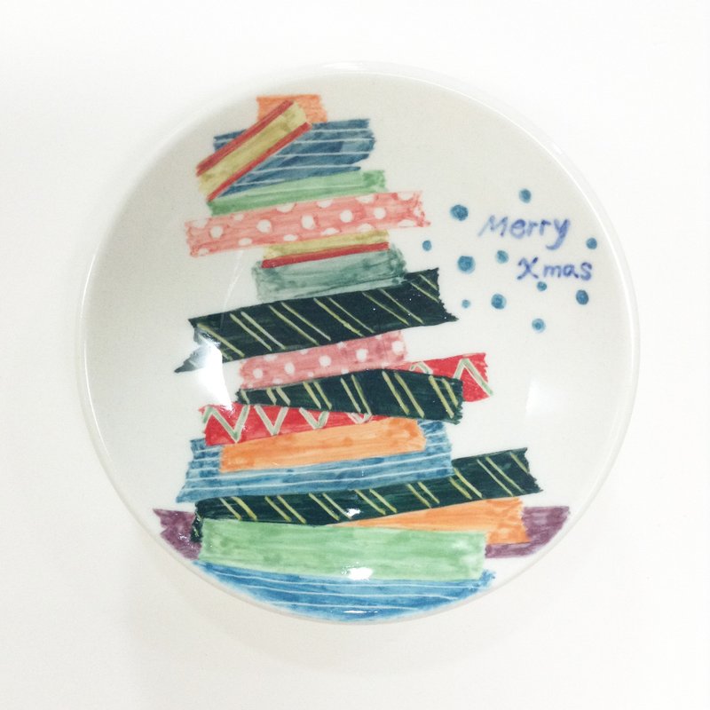 🌲Paper tape Christmas tree🌲-[Customizable name] Hand-painted Christmas small dish - จานเล็ก - เครื่องลายคราม สีเขียว