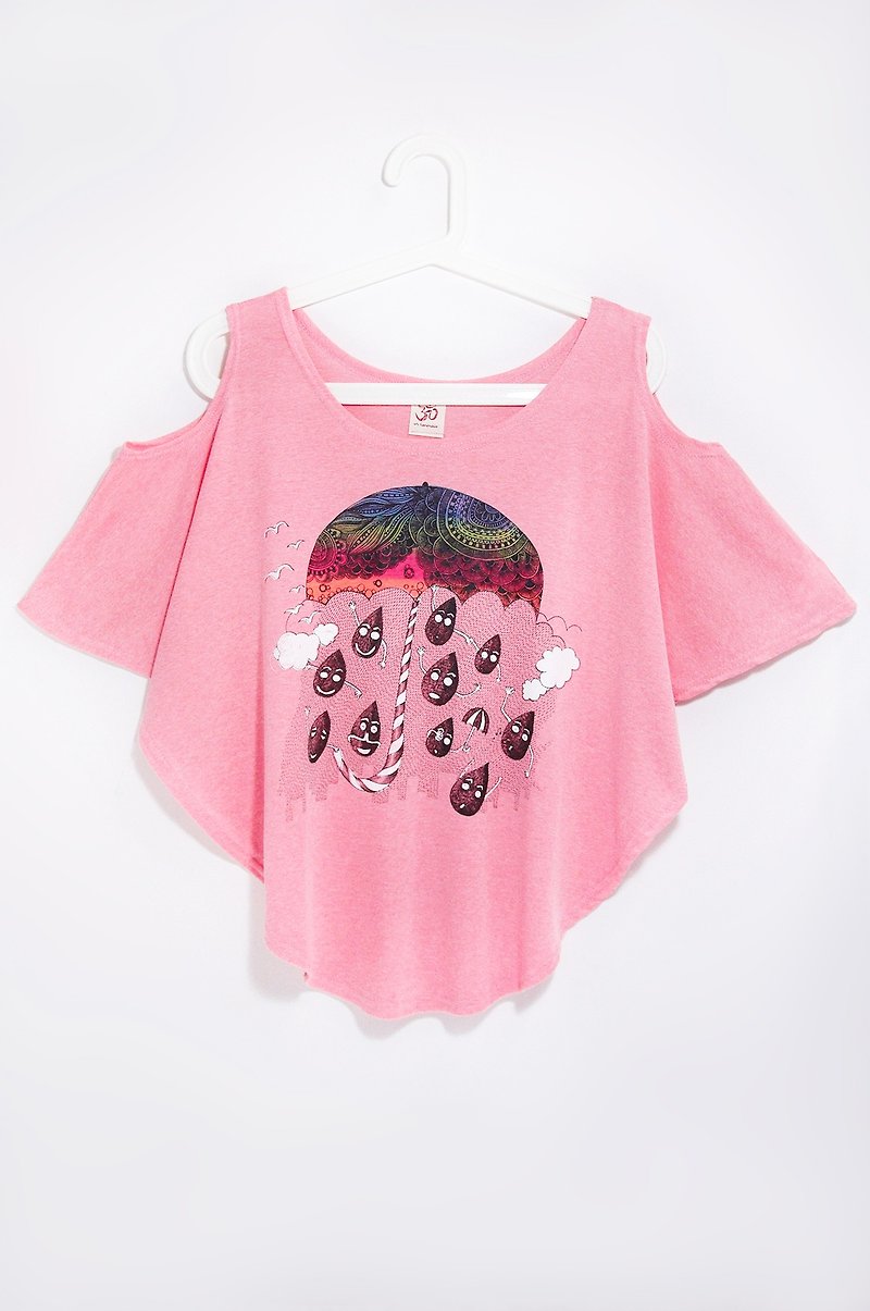 女裝手感夏日兩穿旅行T / 挖肩露肩上衣 - 雨季的慶典 ( 陽光粉 ) - 女 T 恤 - 棉．麻 粉紅色