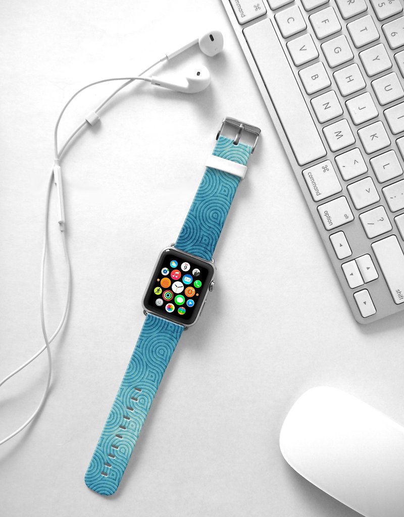 Apple Watch Series 1 , Series 2, Series 3 - Blue Wave Pattern Watch Strap Band for Apple Watch / Apple Watch Sport - 38 mm / 42 mm avilable - สายนาฬิกา - หนังแท้ 