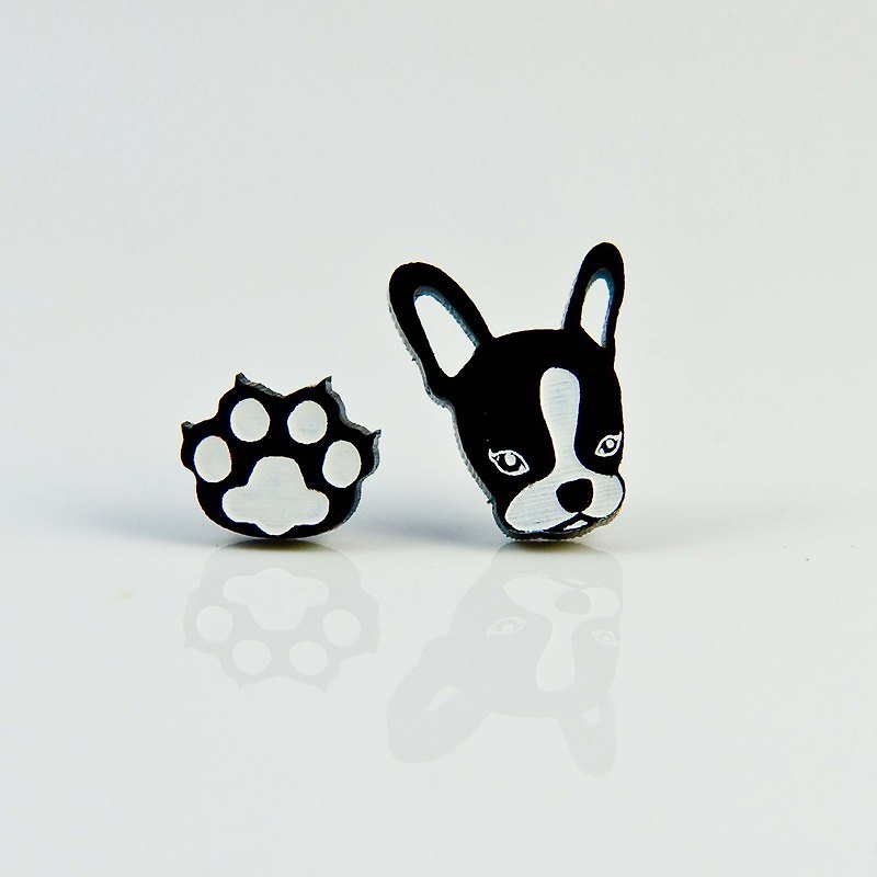 Melancholy French Bulldog Earrings/Anti-allergic Steel Pins/Clip Type - ต่างหู - อะคริลิค สีดำ