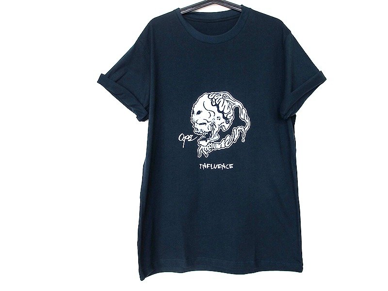 Hand Brain Danger (Dark Blue)--绢印// T-shirt - Men's T-Shirts & Tops - Cotton & Hemp Blue