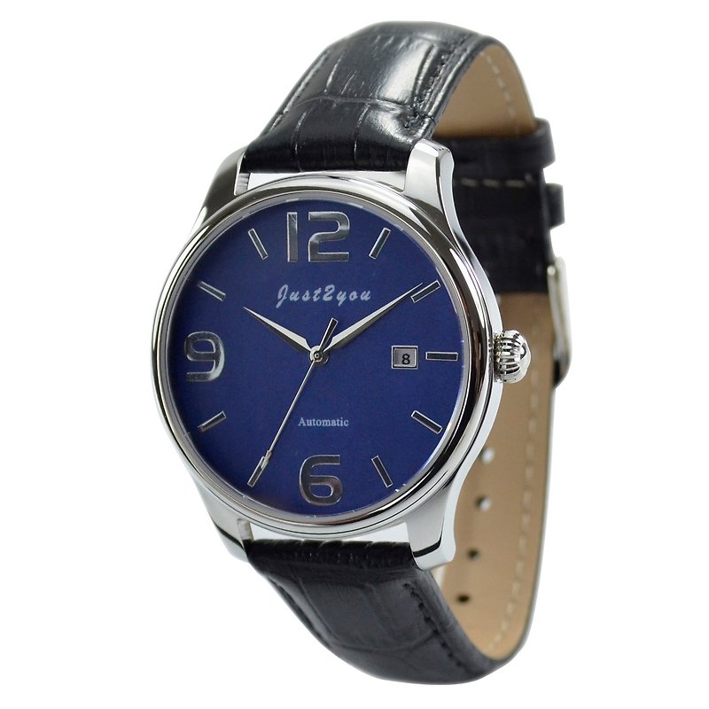 簡約自動上鍊機械錶(藍面大數字字)- 全球免運 - 男錶/中性錶 - 不鏽鋼 藍色