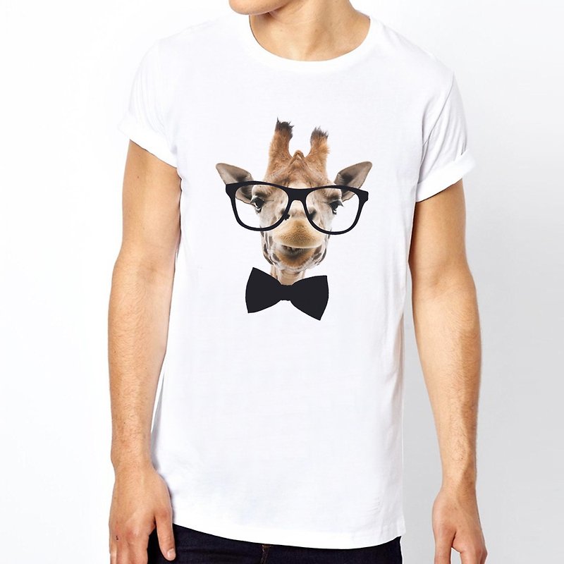Giraffe-Bow Tie短袖T恤-2色 長頸鹿 領結 眼鏡 動物 文青 設計 - T 恤 - 棉．麻 白色