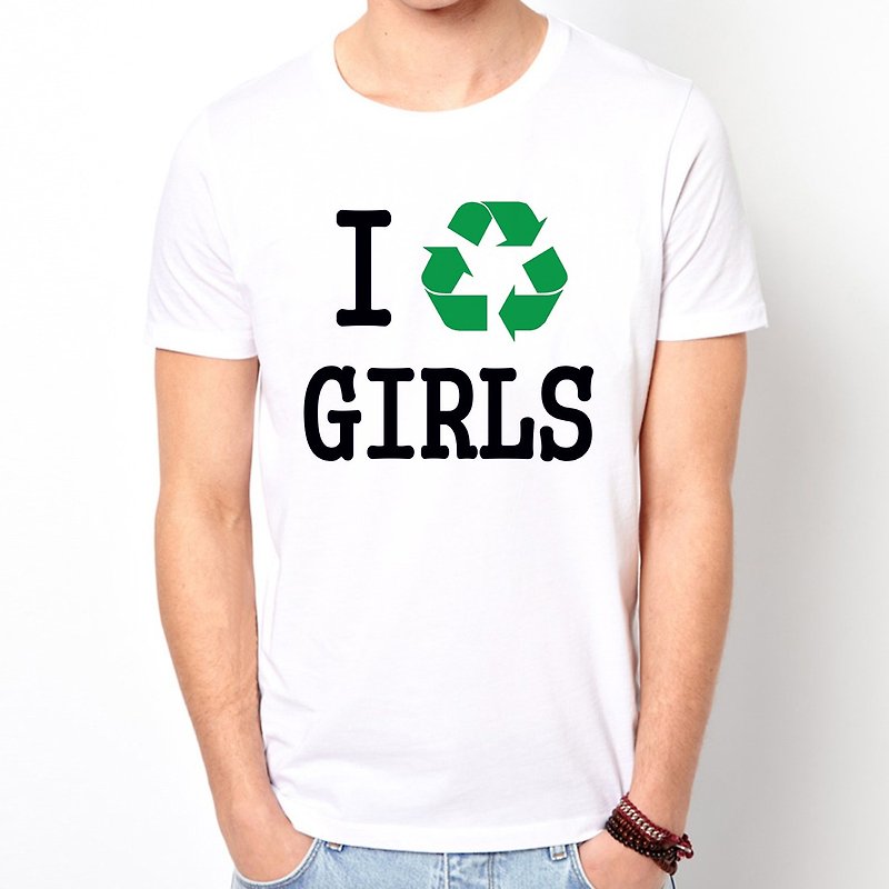 I RECYCLE GIRLS T-shirt - white recycling Wen Qing art design fashion fun funky text - เสื้อยืดผู้ชาย - วัสดุอื่นๆ ขาว