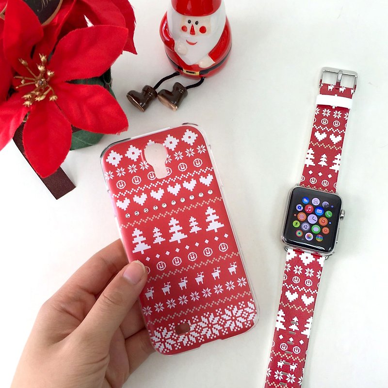 [Xmas Gift Packaging] Apple Watch Series 1 and Series 2 - Red Cute Christmas Winter Jumper Pattern Soft / Hard Case with Swarovski Elements + Apple Watch Strap Band - Other - Genuine Leather 