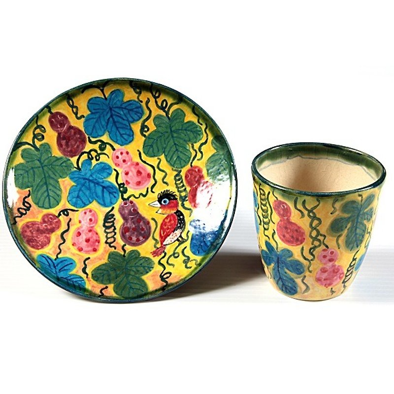 Interesting birds and gourd overglaze free cup set - Teapots & Teacups - Other Materials Yellow