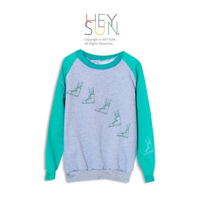 【M0253】HEY SUN獨立手作品牌‧腿毛帆布鞋走路斜線厚磅刷毛親膚Tee-綠 - Women's T-Shirts - Cotton & Hemp Green