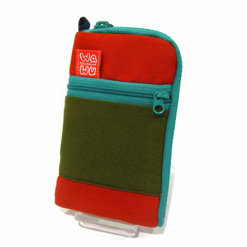 Mobile phone pocket (red-green fabric) - เคส/ซองมือถือ - ผ้าฝ้าย/ผ้าลินิน สีเขียว