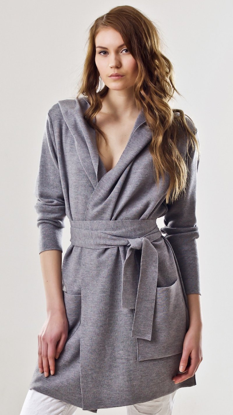Knitted women's wrap open front hoodie long cardigan EMILIE G grey - 女毛衣/針織衫 - 其他材質 灰色