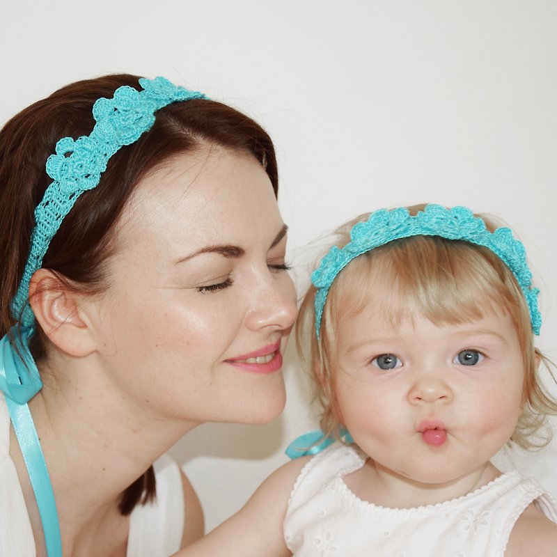 Mother Daughter Matching Headbands, Set of 2 Aqua Blue Flower Crowns, Mommy and Me Matching Outfits, Made to Match Flower Girl Headbands - เครื่องประดับผม - ผ้าฝ้าย/ผ้าลินิน สีน้ำเงิน