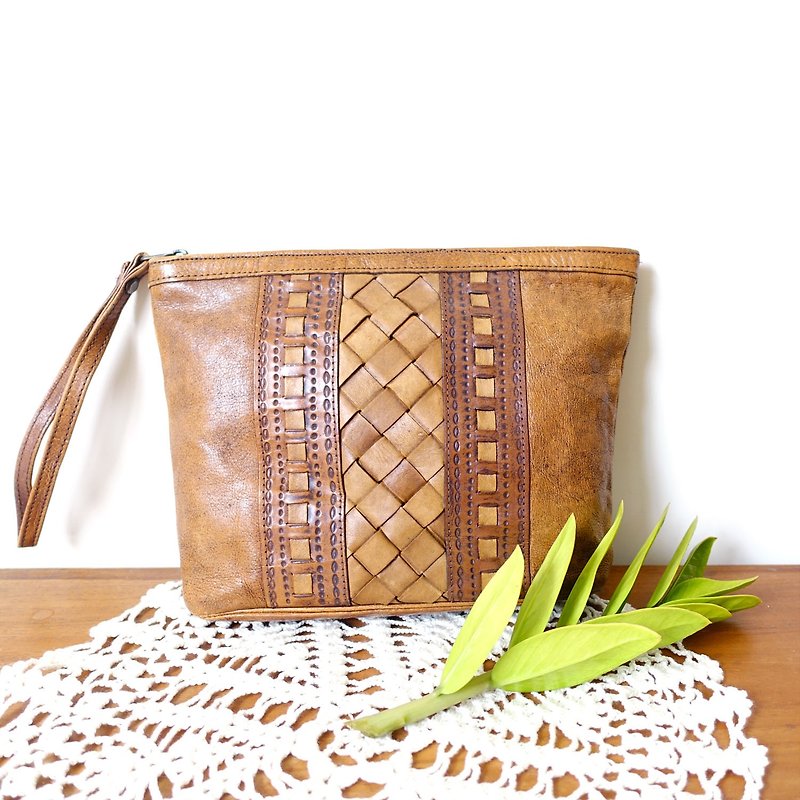 BajuTua / antique / tan woven leather clutch / purse - Toiletry Bags & Pouches - Genuine Leather Khaki