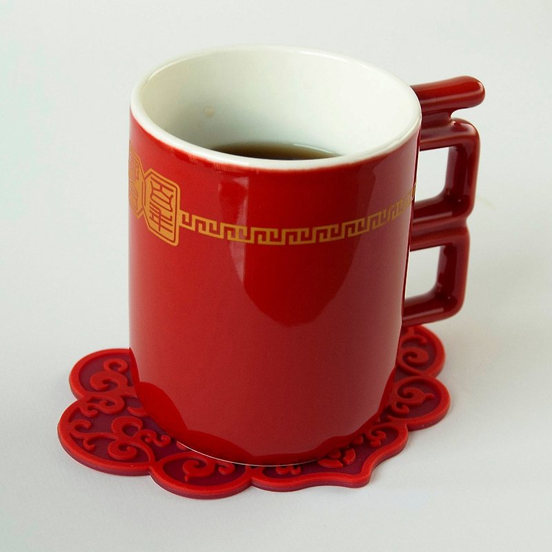 百年好合馬克杯一入/附杯墊 - 咖啡杯 - 瓷 紅色