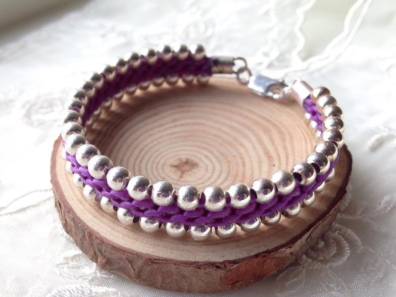 雙行銀珠蠟線手繩 - 手鍊/手環 - 其他材質 紫色