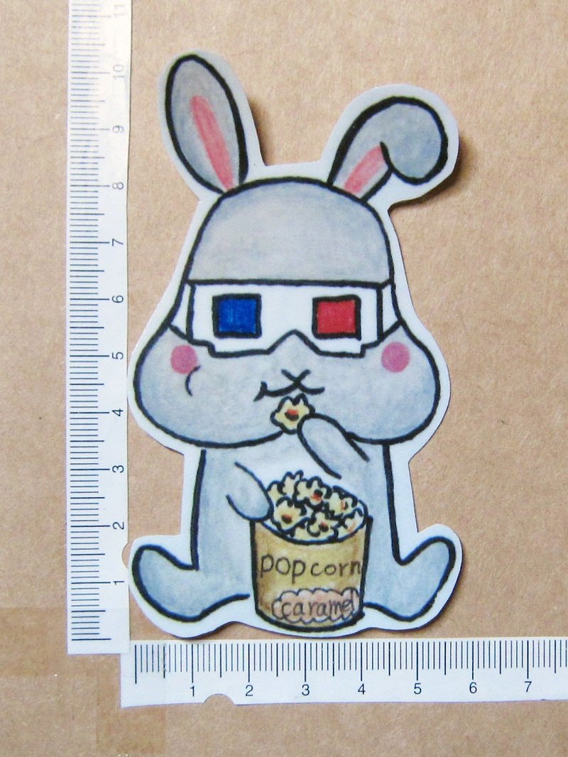 Hand-painted illustration style completely waterproof sticker little gray rabbit bunny watching 3D movie eating popcorn - สติกเกอร์ - วัสดุกันนำ้ สีเทา