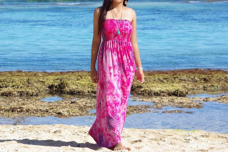 Resort dress New! Batik quilt pattern tube top dress <Pink> - ชุดเดรส - วัสดุอื่นๆ สึชมพู