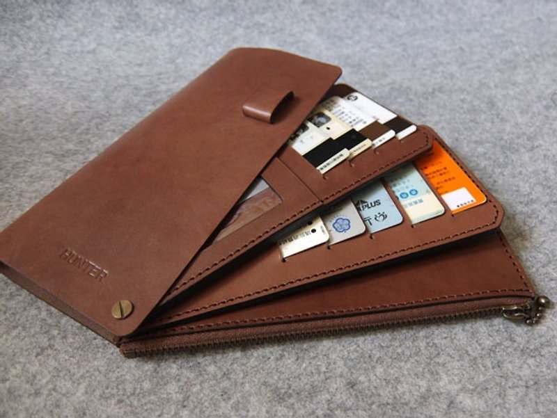 YOURS handmade leather three-piece leather long jumper clip 14 card + bag + photos + banknotes zero oblique pocket zipper bag dark wood - กระเป๋าสตางค์ - หนังแท้ 