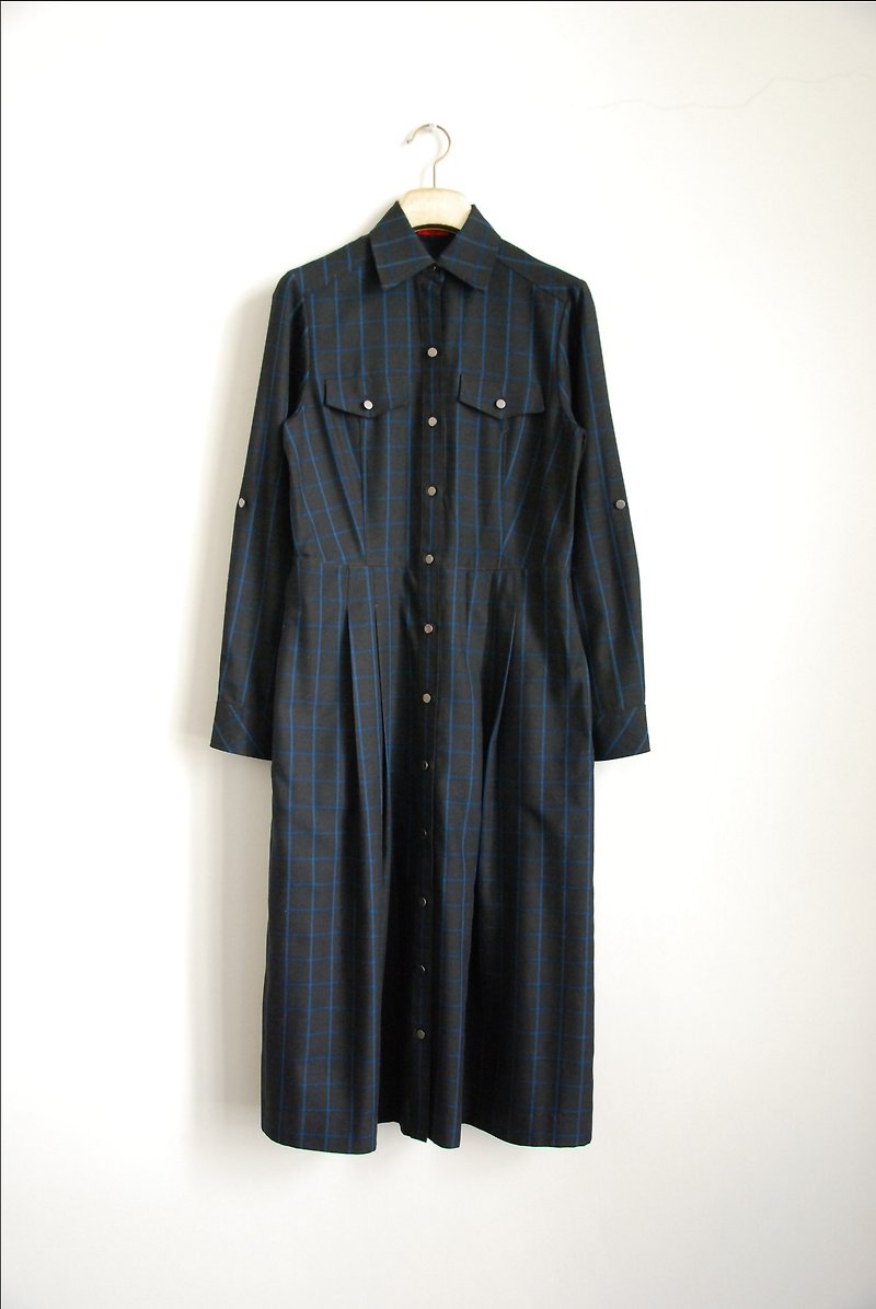 Blue Line plaid vintage dress - ชุดเดรส - วัสดุอื่นๆ 