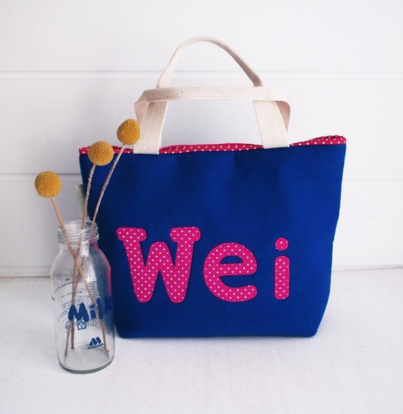 hairmo. Exclusive Letter Out Bag-Royal Blue + Peach Dot (3 Words) - กระเป๋าถือ - กระดาษ สีน้ำเงิน